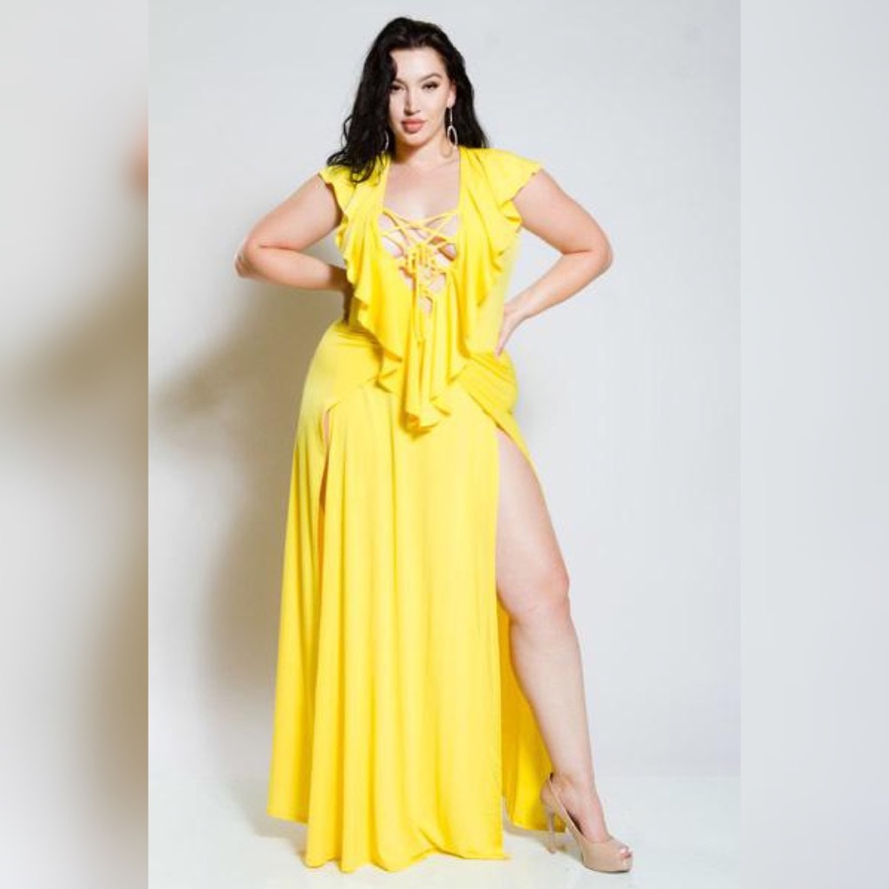 Plus Size - Ruffled Front Double Split Maxi Dress